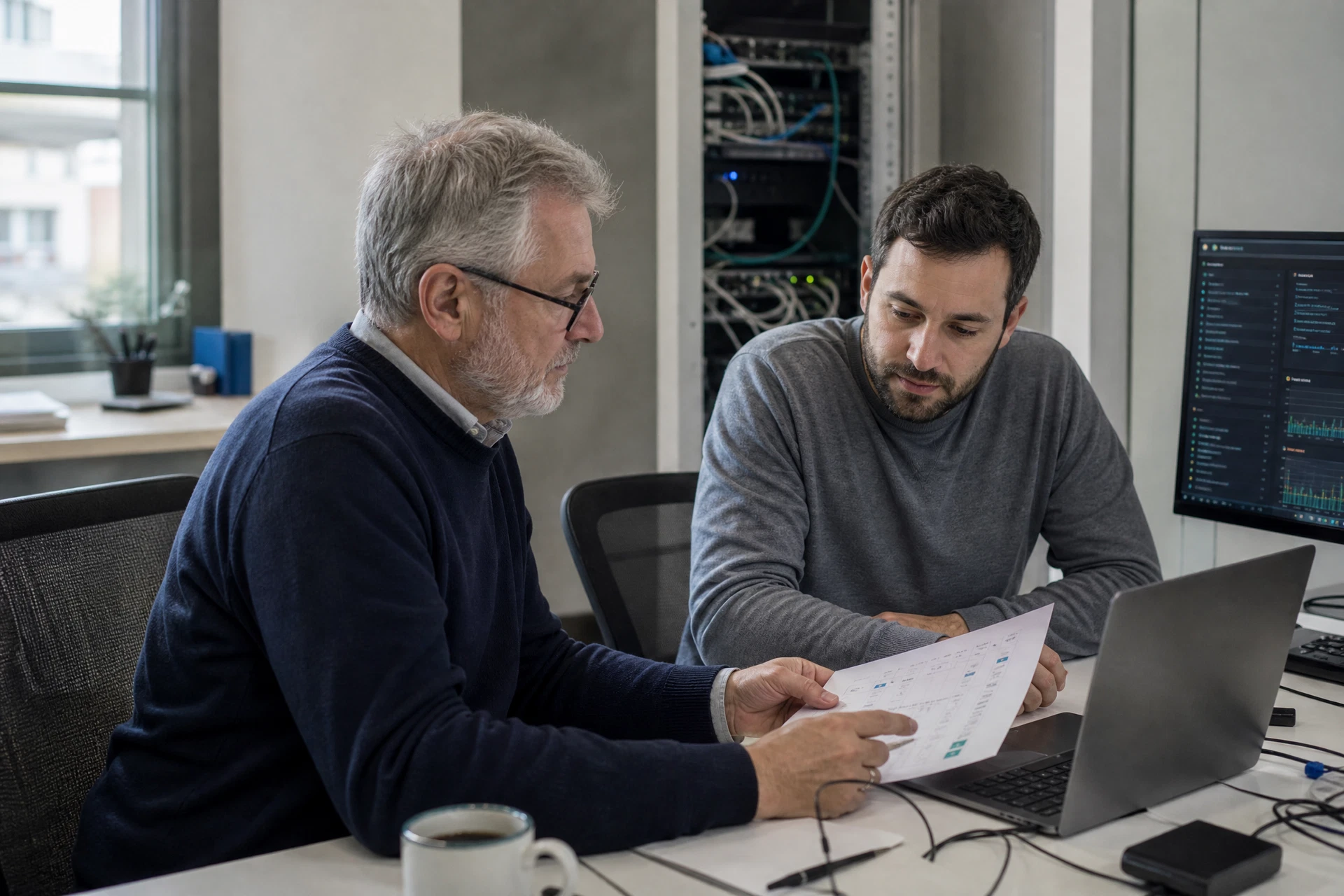Développeur et ingénieur infrastructure préparant le déploiement d’une application