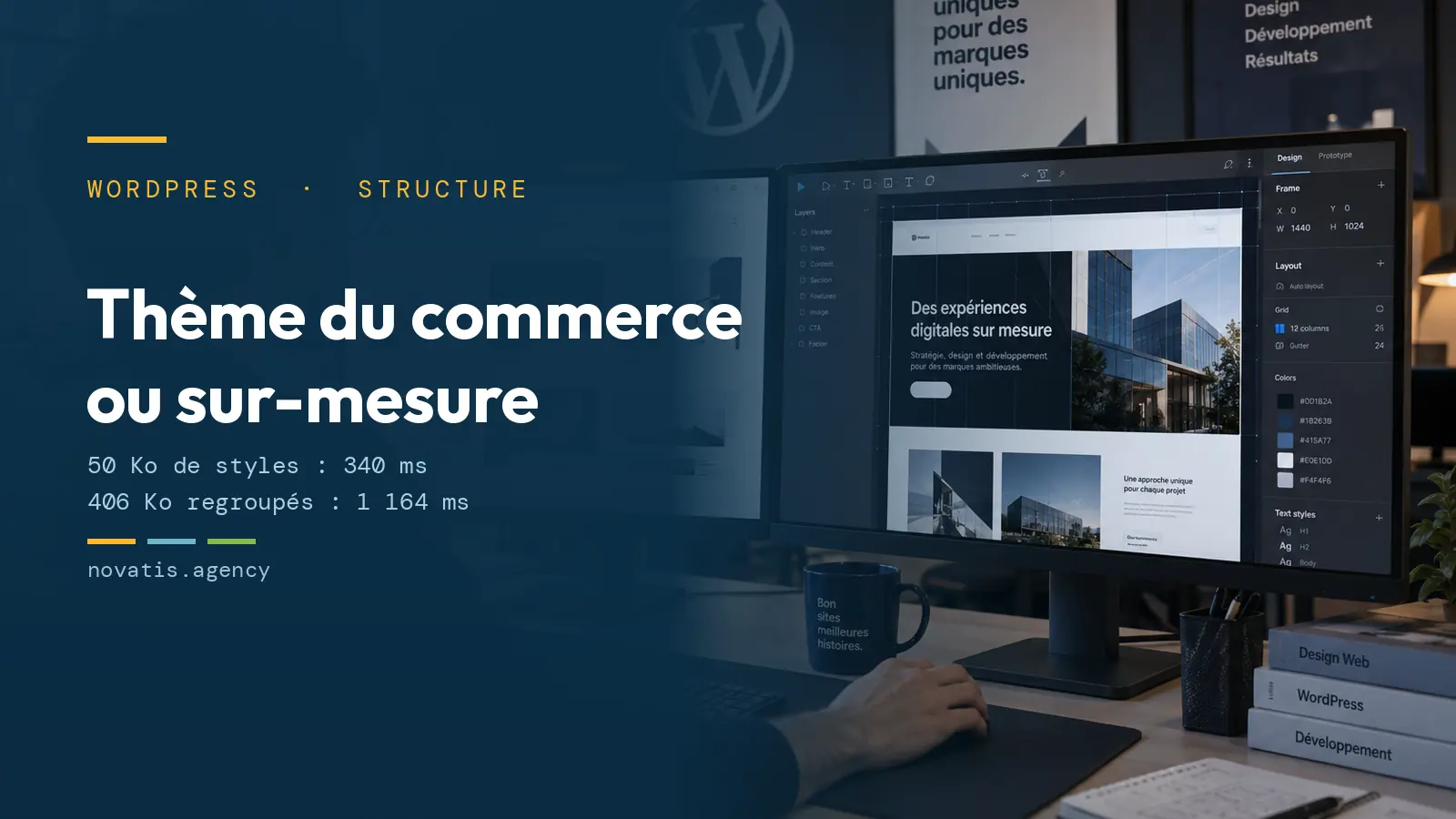 Poste à deux écrans affichant un constructeur de pages WordPress et le panneau de réglages de son thème