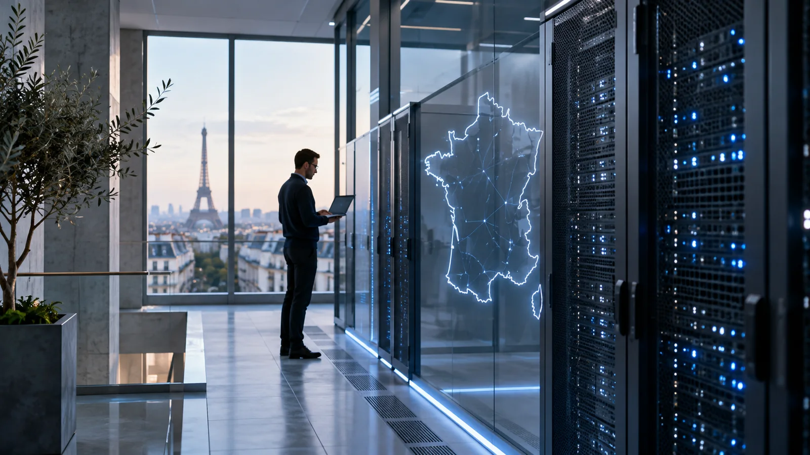 Couloir vitré d’un centre de données surplombant les toits de Paris, une carte lumineuse de la France projetée sur la baie