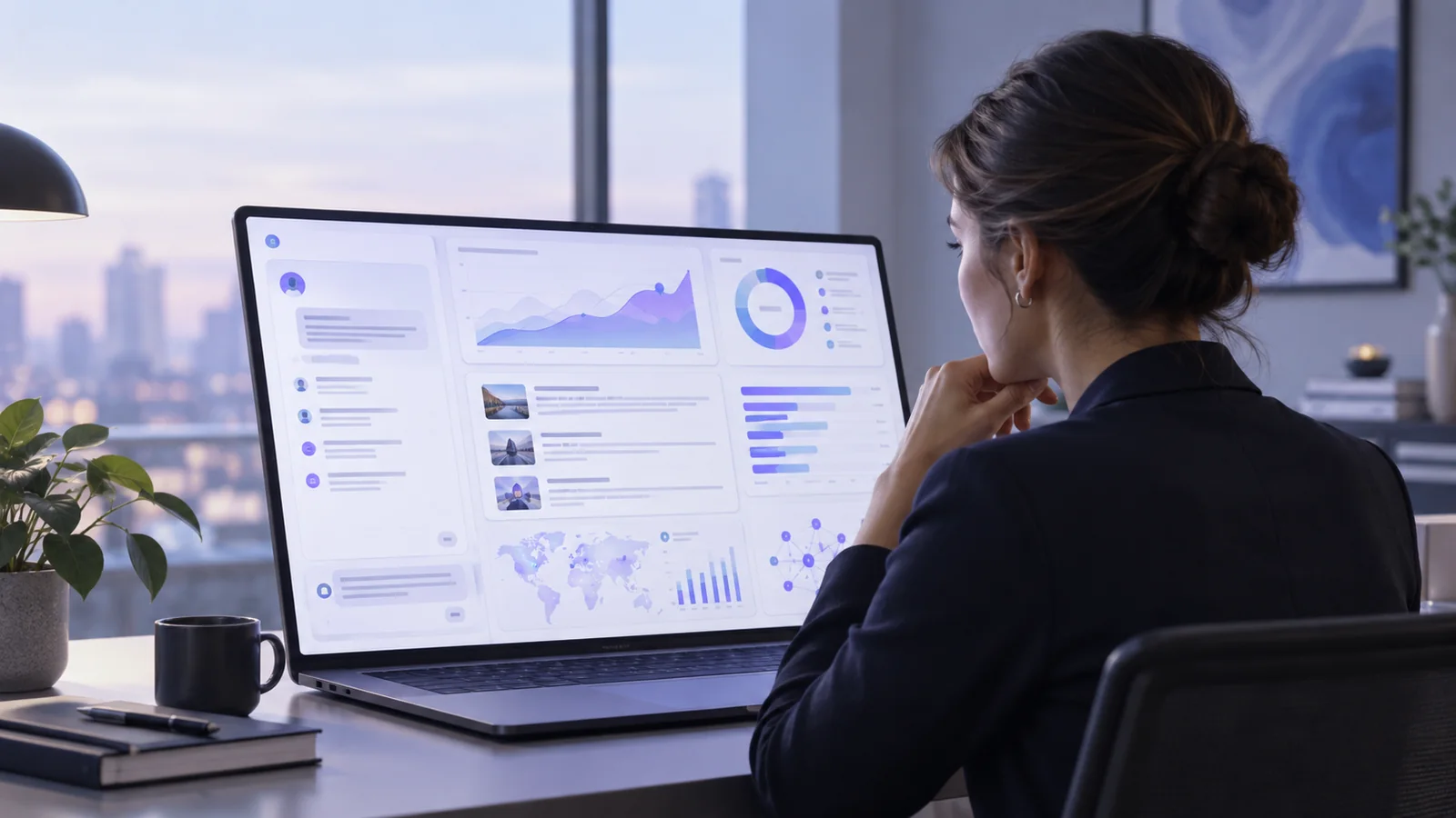 Une personne observant un tableau de bord d’analyse : courbes, anneau de répartition et liste de réponses citées