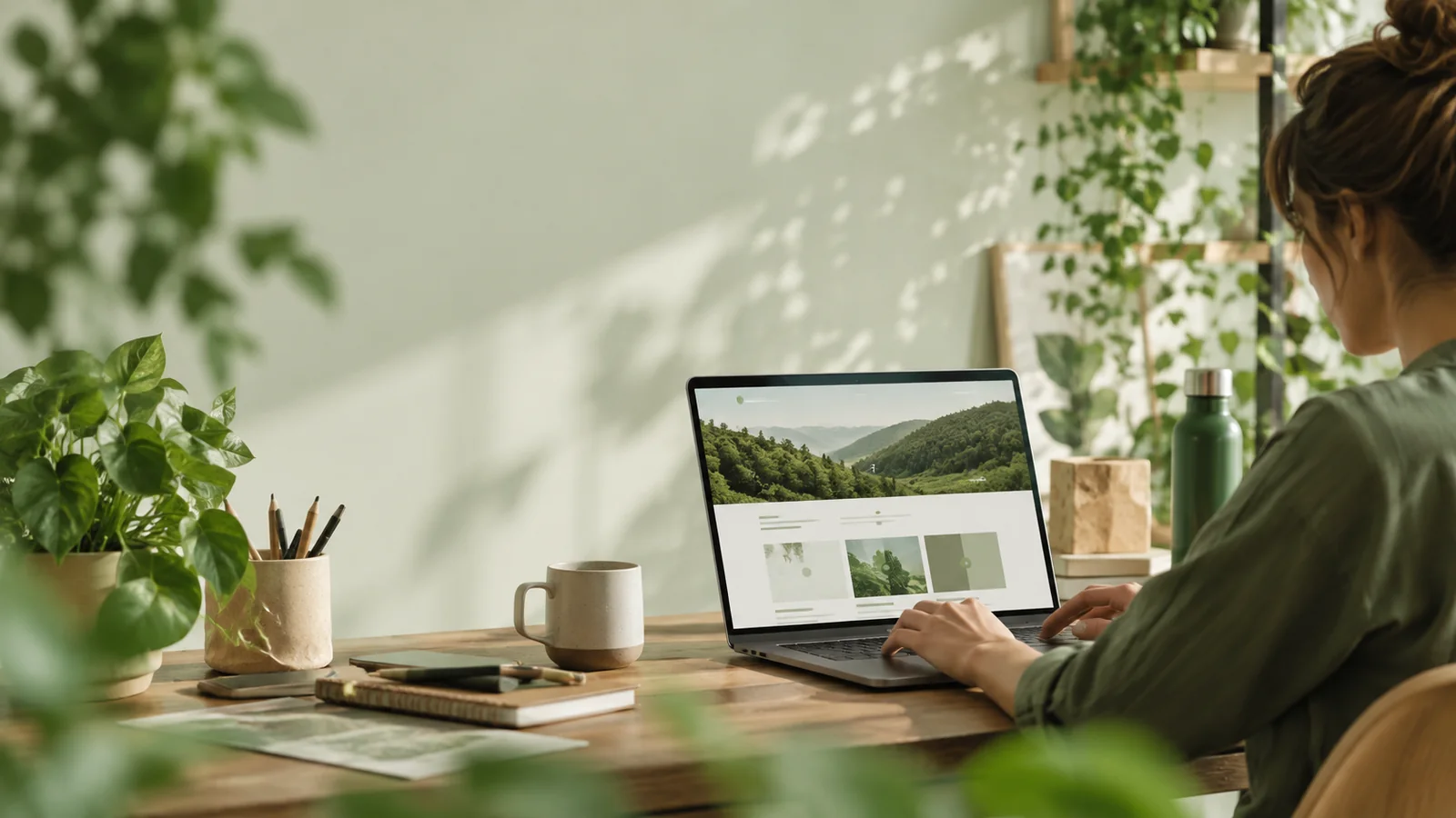 Bureau clair envahi de plantes vertes, un ordinateur portable affichant une page web sobre à dominante végétale