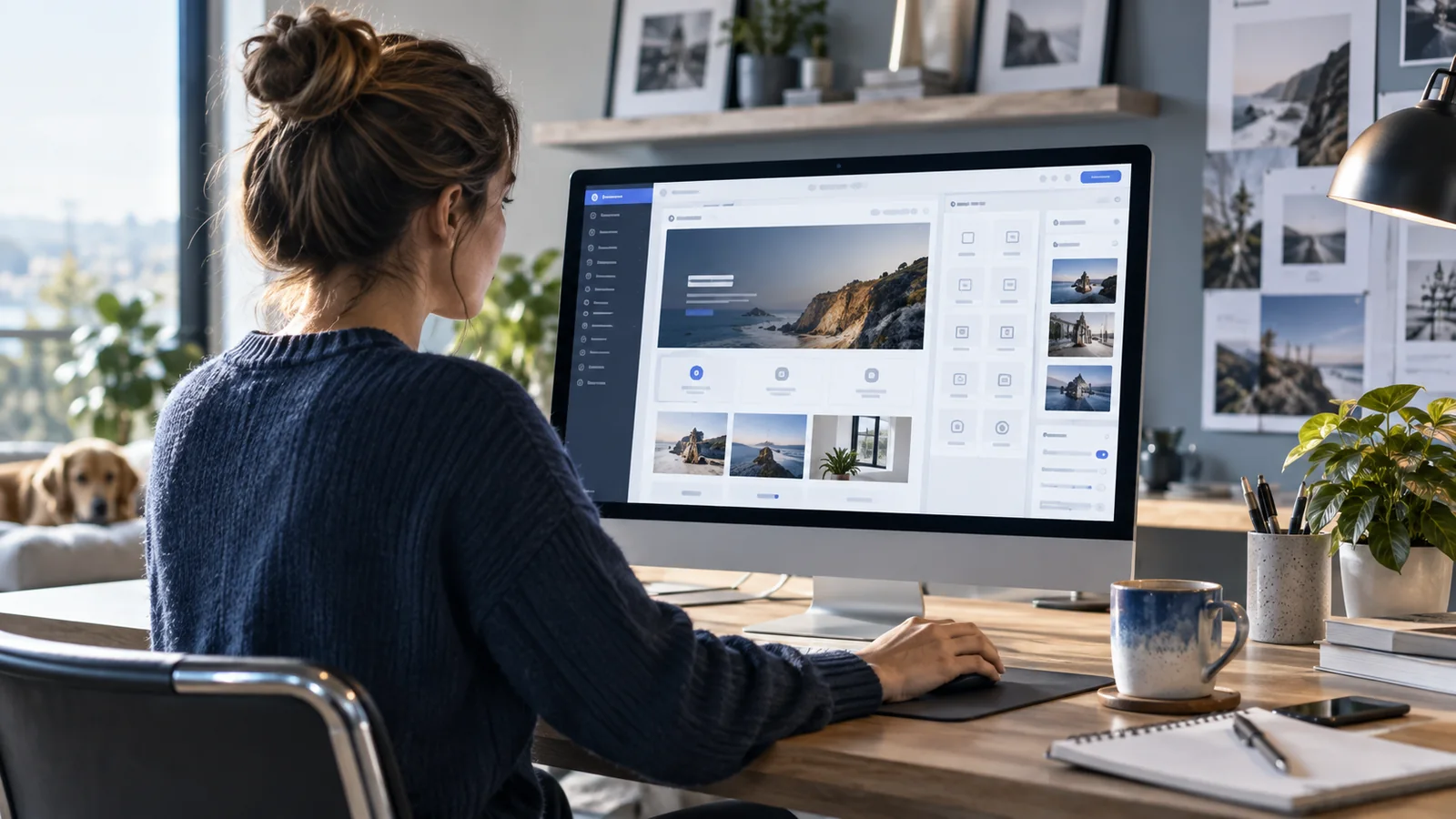 Une personne administrant le contenu d’un site depuis un grand écran, médiathèque et blocs de page affichés côte à côte