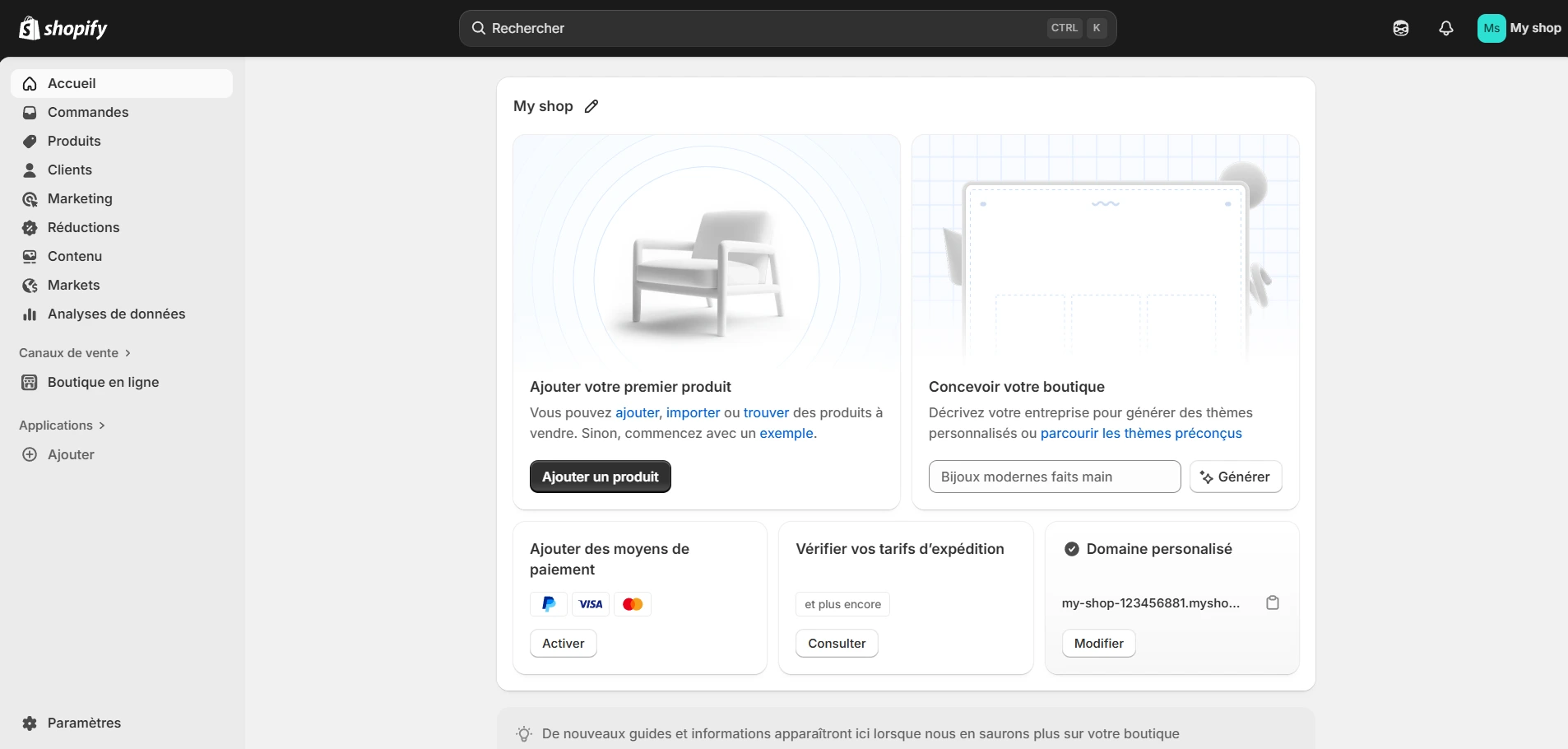 Tableau de bord shopify