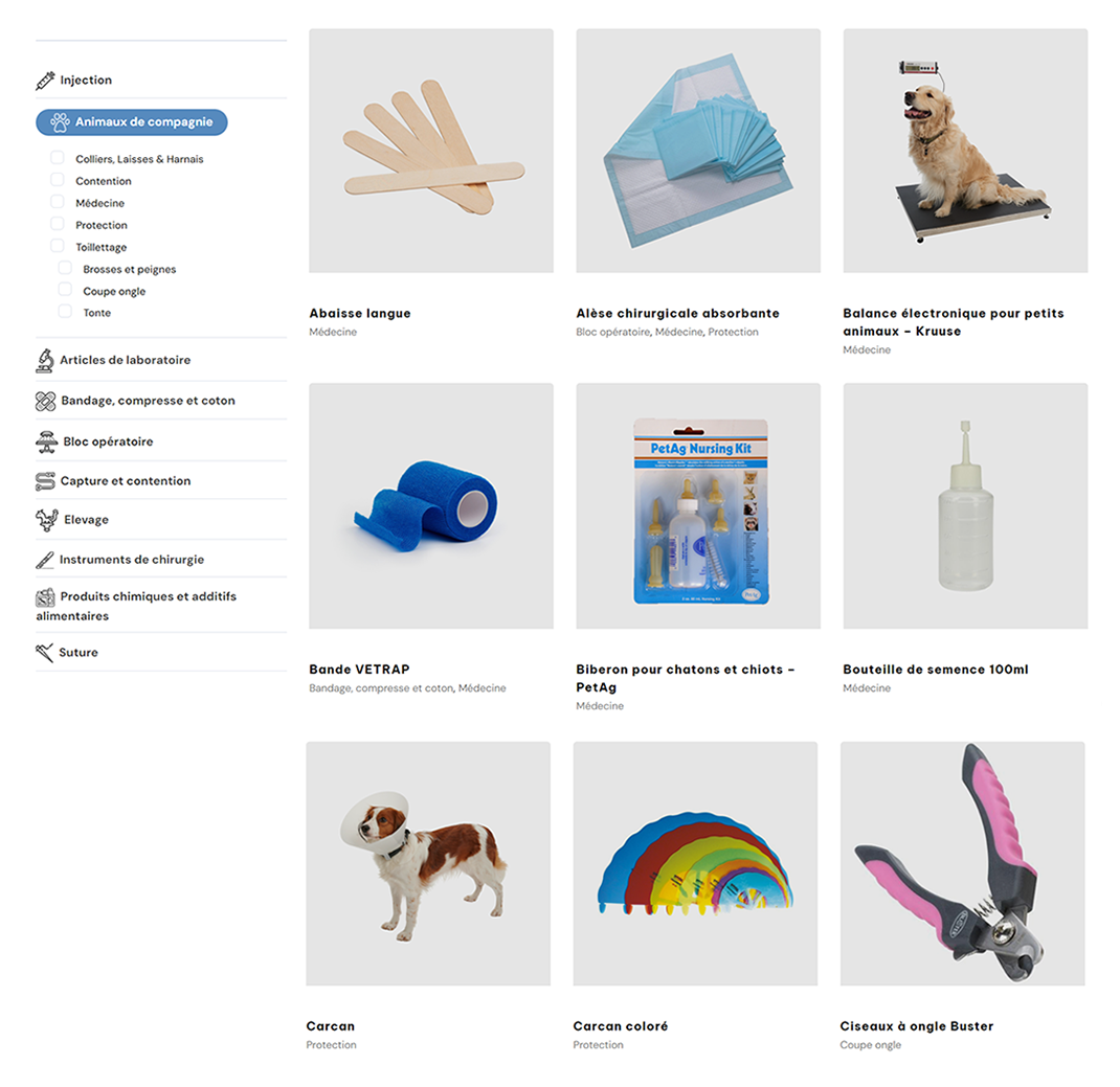 Une boutique vétérinaire complète, claire et intuitive