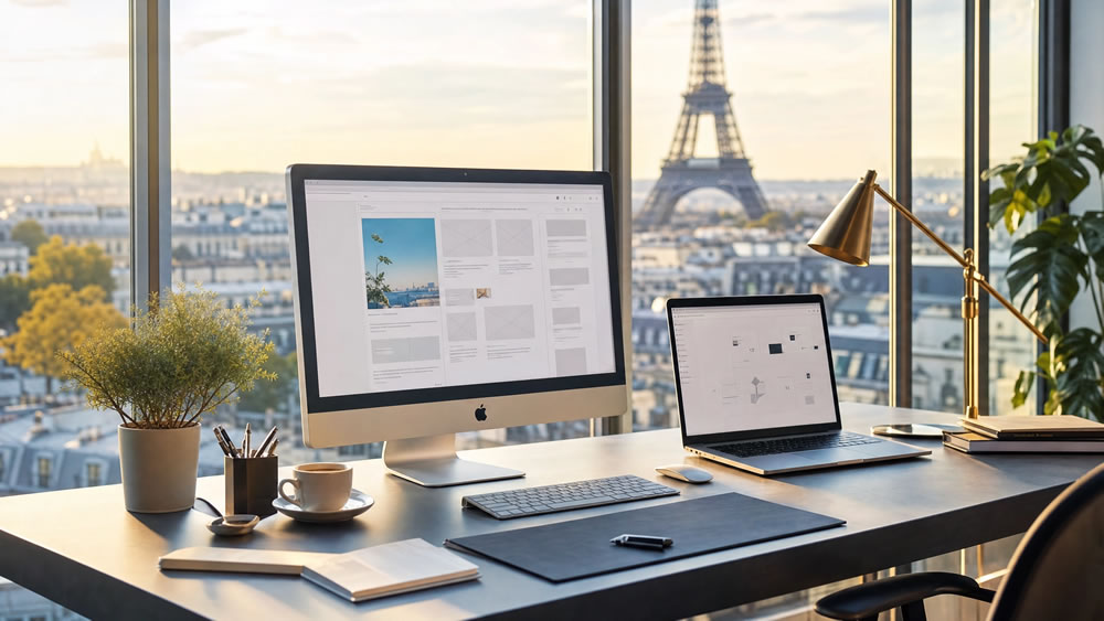 Espace de travail d'une agence web à Paris avec vue sur la Tour Eiffel - conception de site internet