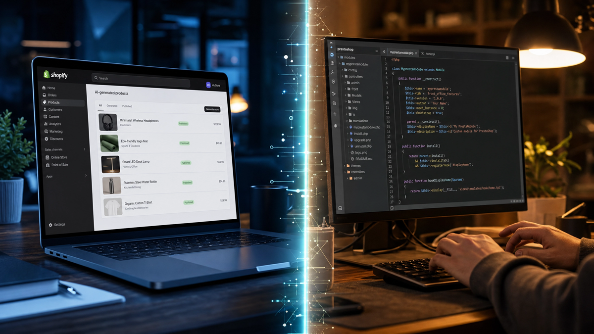 Shopify IA vs Développeur PrestaShop : Split-screen dramatique entre les deux univers, avec l'interface Shopify IA à gauche et le code PrestaShop à droite.