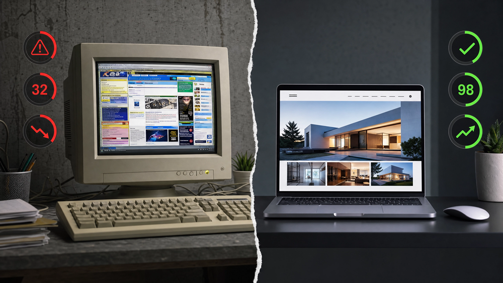 Pourquoi les refontes échouent : Avant/après saisissant — vieux moniteur CRT avec un site obsolète (score 32) vs MacBook avec un site moderne performant (score 98).